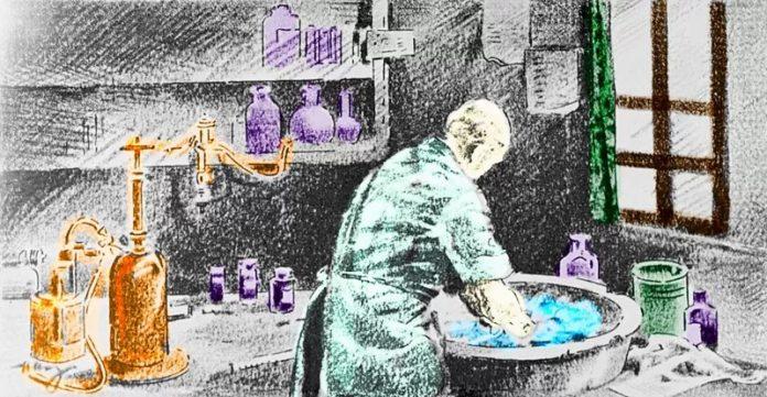 Ignaz Semmelweis lavándose las manos con agua de cal clorada antes de operar.